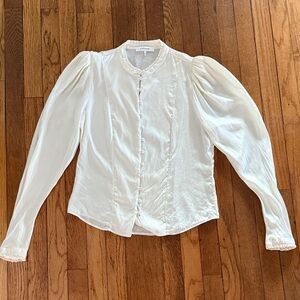 FRAME High Neck Puff Sleeve Cream Ruffle Collar Satin Blouse